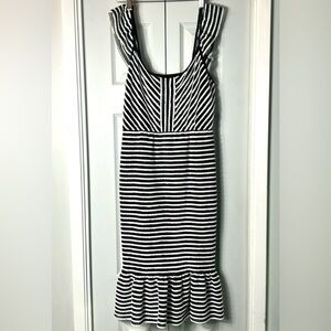 {BNWT}BCBGMaxAzria Black and White Striped Midi Dress with Flounced Hemline